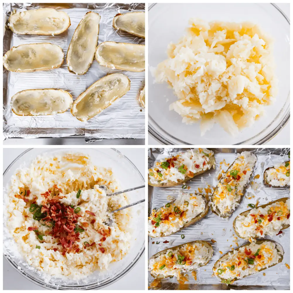 4-photo collage of potatoes and filling being prepared. - Twice Baked Potatoes