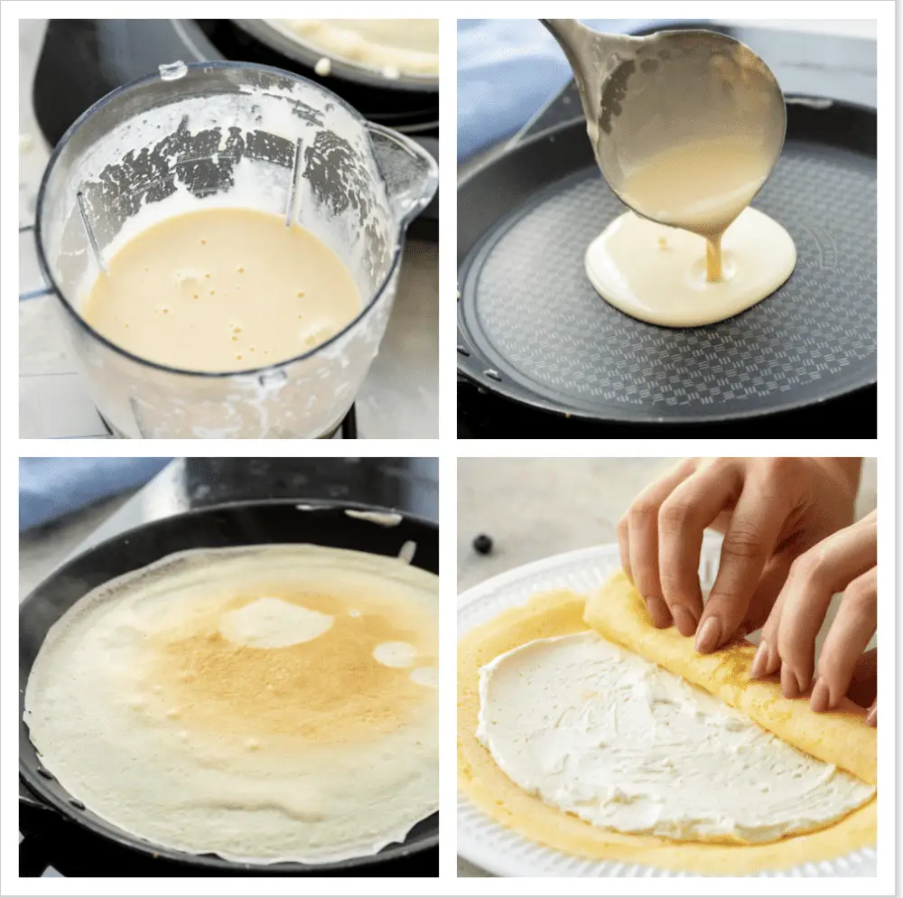 First photo of blended crepe batter. Second photo of pouring the batter onto the skillet. Third photo of the cooked crepe in the skillet. Fourth photo of the filling spread onto a crepe and folding up. - Perfect Crepes