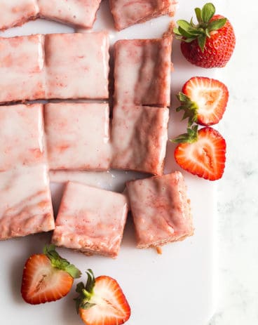 strawberry brownies cut in squares overhead - Congo Bars