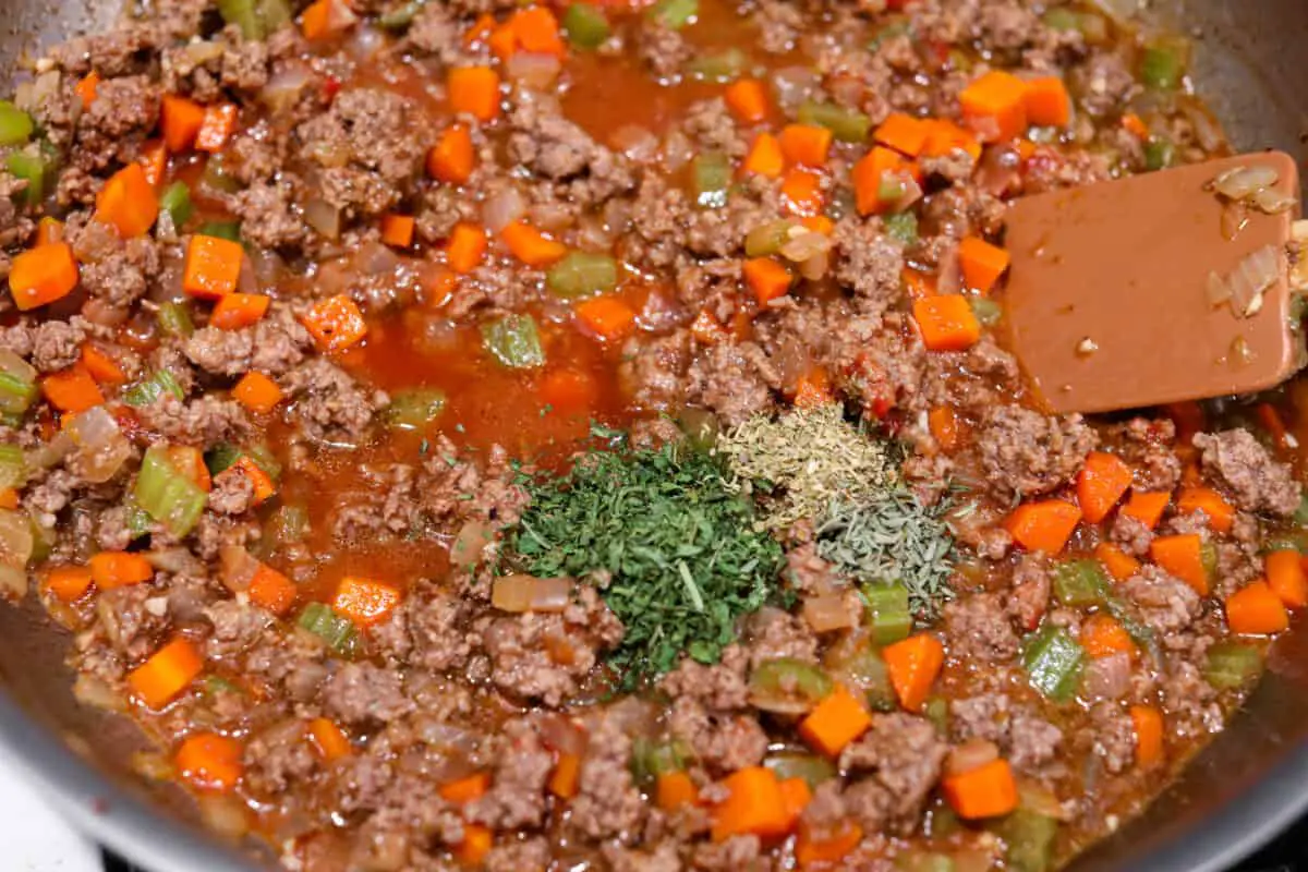 Sauteeing the beef and vegetables. - Homemade Shepherd’s Pie