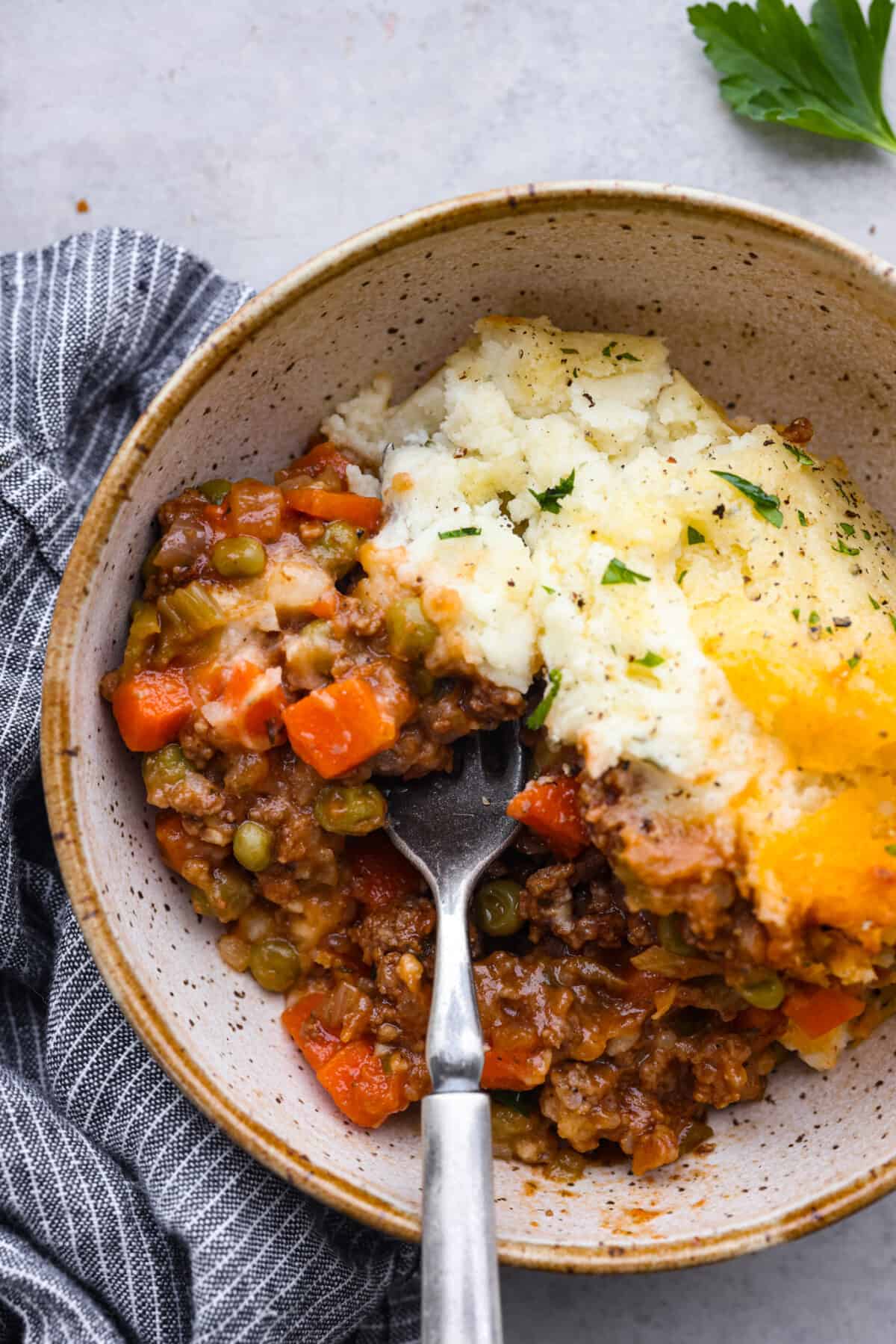 A serving of the meat, vegetables, and mashed potatoes - Homemade Shepherd’s Pie