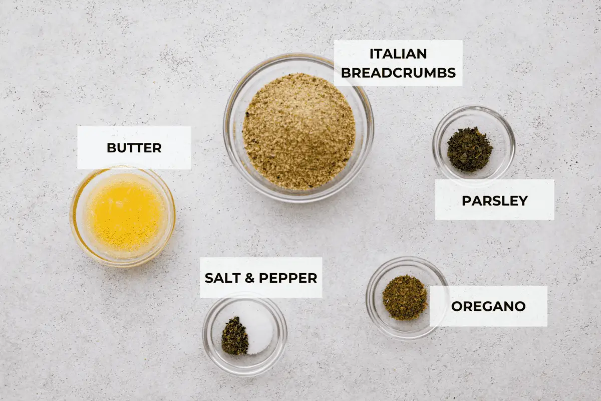 The ingredients for the breadcrumb topping. Including butter, Italian breadcrumbs, parsley, salt and pepper, and oregano. - White Cheddar Mac And Cheese