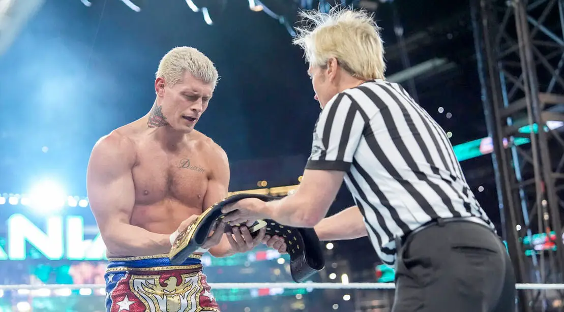 Cody Rhodes receiving the WWE Championship Belt at WrestleMania XL - How The Rock’s Return Helped Power The Biggest WrestleMania Of All-Time 