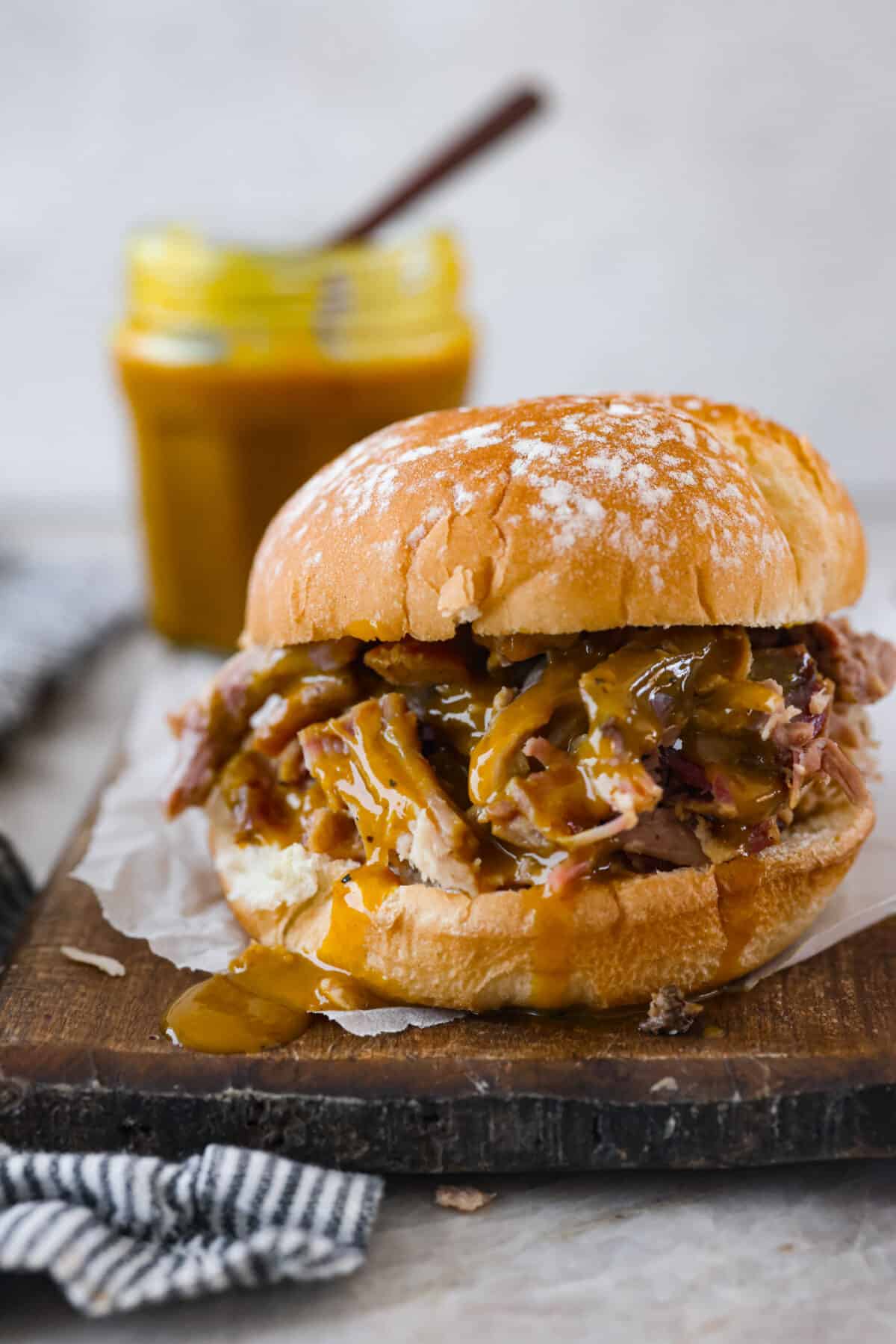 A pulled pork sandwich made with the mustard bbq sauce. - Mustard BBQ Sauce (Carolina BBQ Sauce)