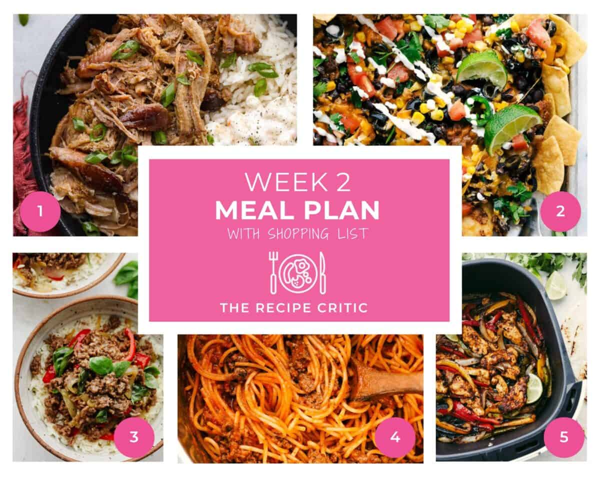 A collage of 5 meals for a weekly menu plan. - Weekly Menu Plan #2