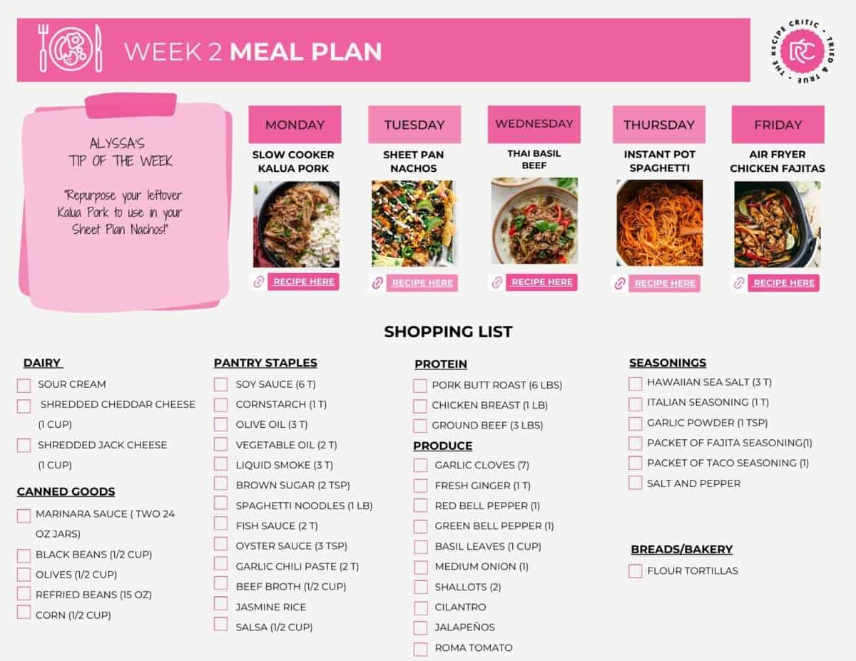 A pdf printable of a meal plan and shopping list. - Weekly Menu Plan #2