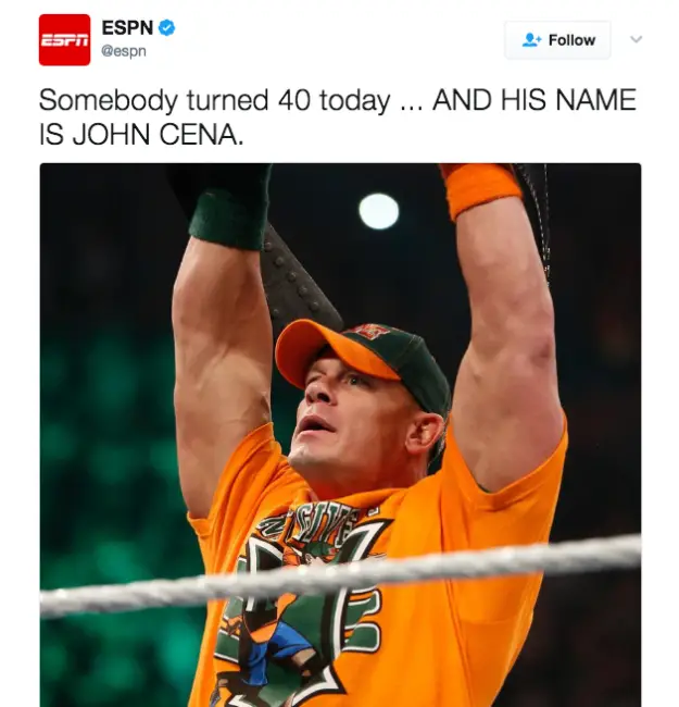 Yesterday, ESPN tweeted about Cena - ESPN Tweeted About John Cena's Birthday And Everyone Made The Same Hilarious Joke