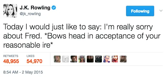 And it - J.K. Rowling Apologised For Killing Off Another Character And Wow, It's A Big One