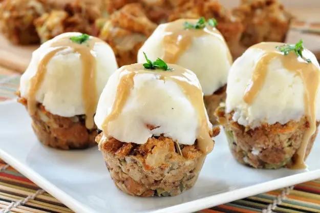 Stuffing-Muffins with Mashed Potatoes and Gravy - 101 Thanksgiving Recipes With No Meat Or Dairy