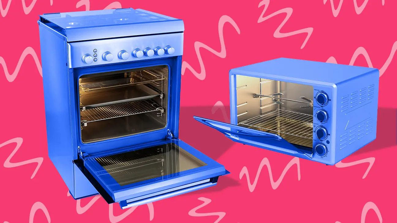 Blue conventional and convection oven on a fuchsia background - Convection Oven Vs. Conventional Oven: What's The Diff?