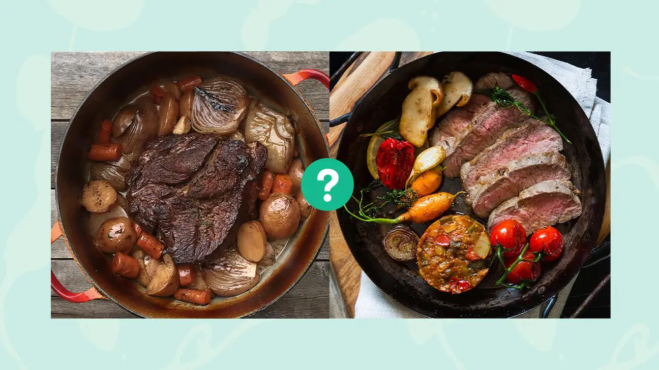 Pan of pot roast and pan of chuck roast - Pot Roast Vs. Chuck Roast: What's The Difference?