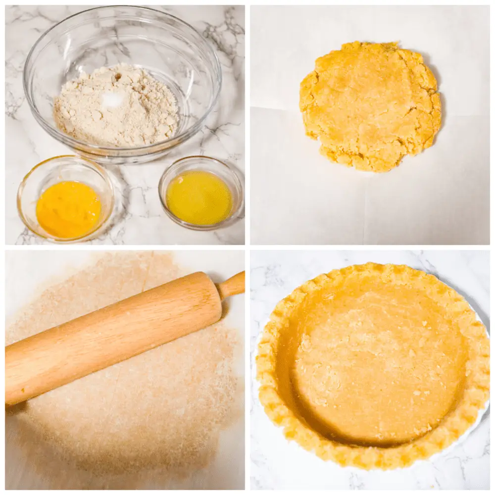 4-photo collage of pie dough ingredients being mixed together, rolled out, and added to a pie dish. - Gluten-Free Almond Flour Pie Crust