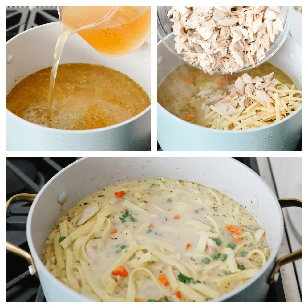 3-photo collage of soup ingredients being added to a large pot. - Turkey Noodle Soup