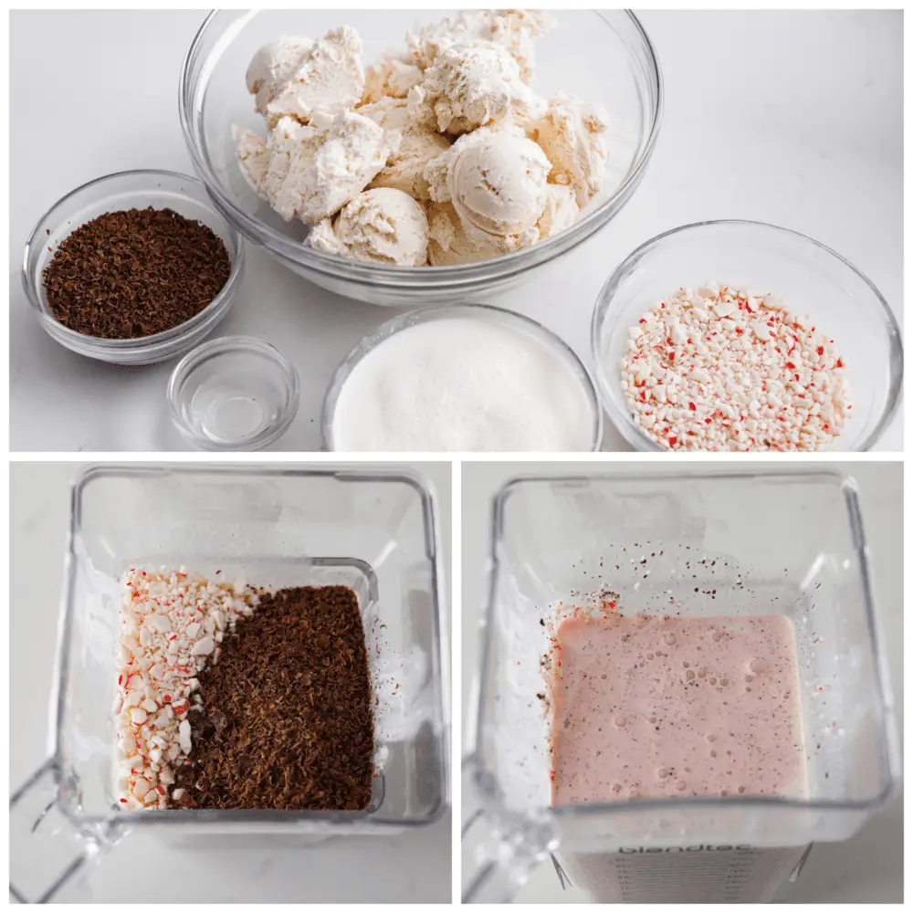 3-photo collage of ingredients being added to a blender. - Copycat Chick-Fil-A Peppermint Milkshake