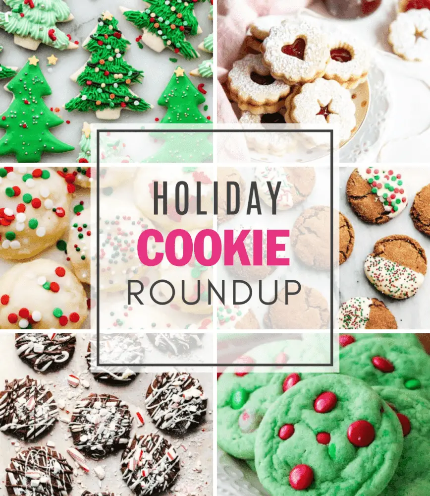 A collage of 6 Christmas cookies with the cords Holiday Cookie Roundup. - The Best Holiday Cookies Roundup