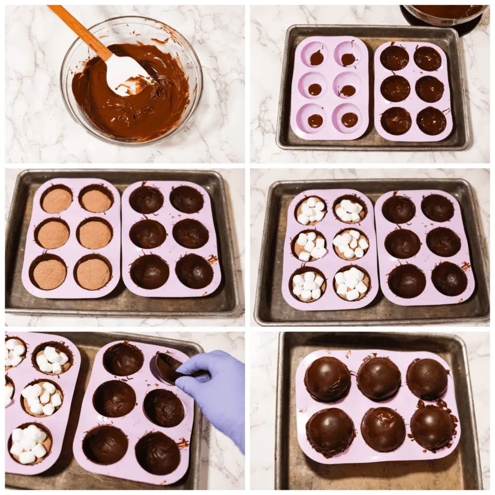 6-photo collage of hot cocoa bombs being prepared. - Homemade Hot Chocolate Bombs