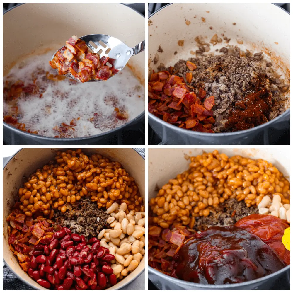 4-photo collage of all ingredients being added to a pot. - Amazing Cowboy Beans