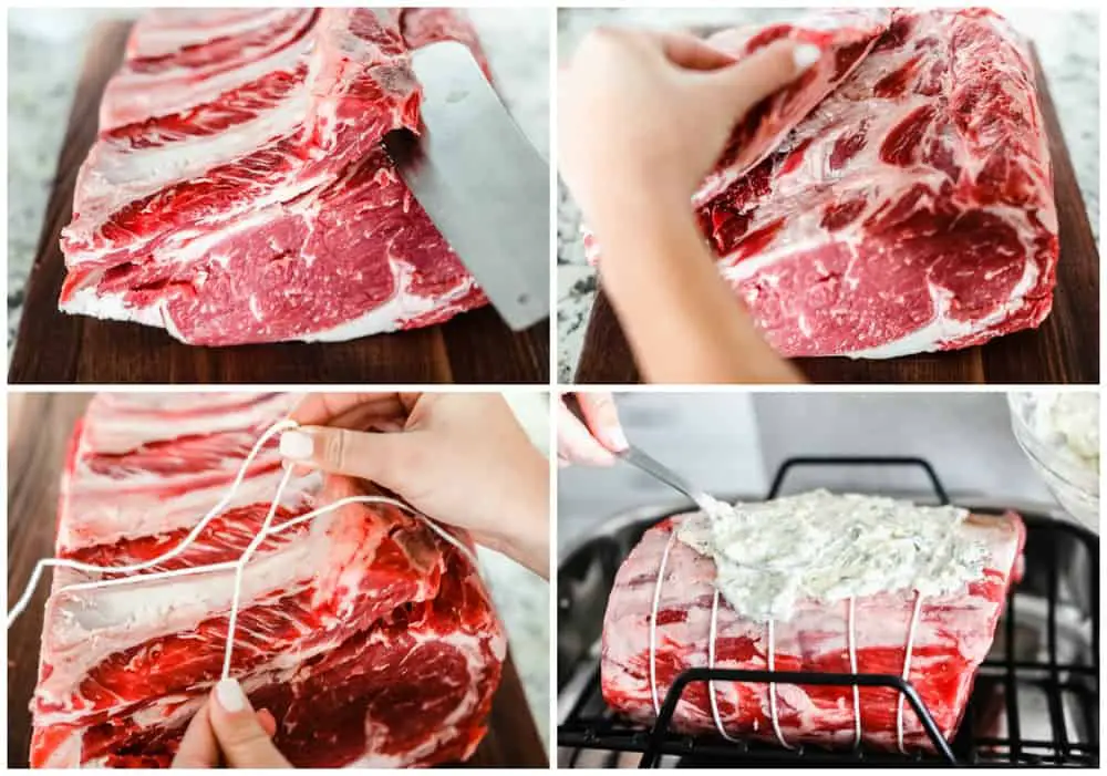 4 pictures showing how to prepare raw meat. - Insanely Delicious Prime Rib Recipe