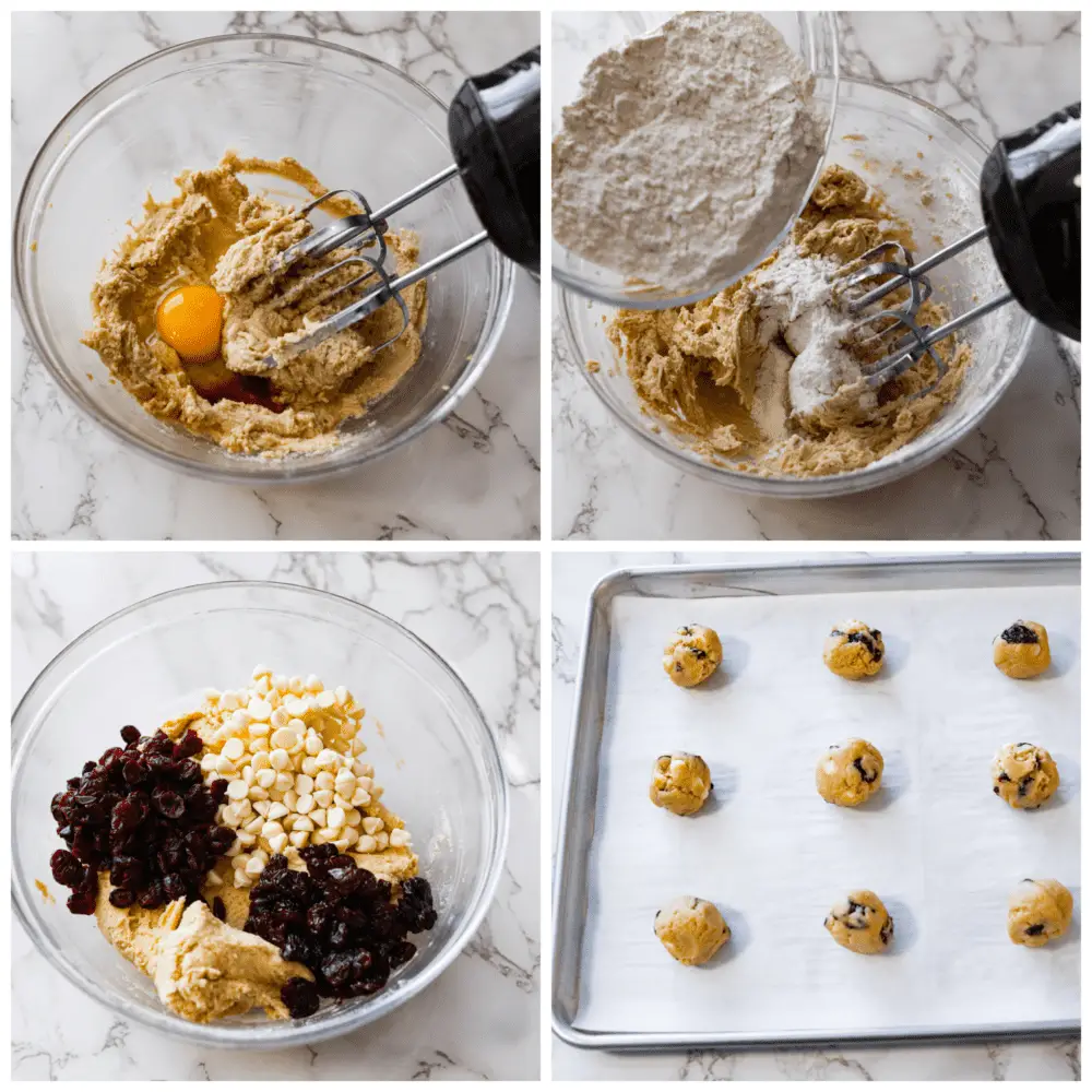 4 pictures showing how to make the cooking dough and scoop it onto a baking sheet. - White Chocolate Cherry Cranberry Cookies
