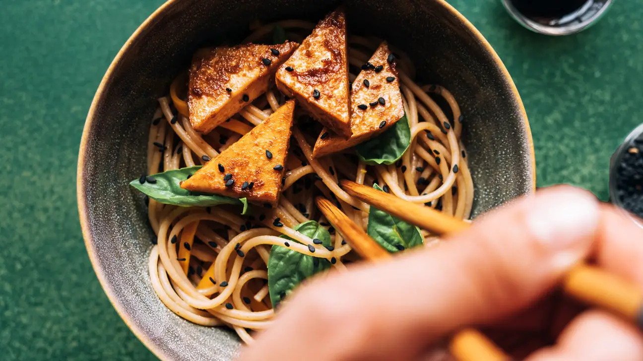 Bowl of Asian noodles with sprouted tofu and chopsticks - Everything You Wanted To Know About Sprouted Tofu