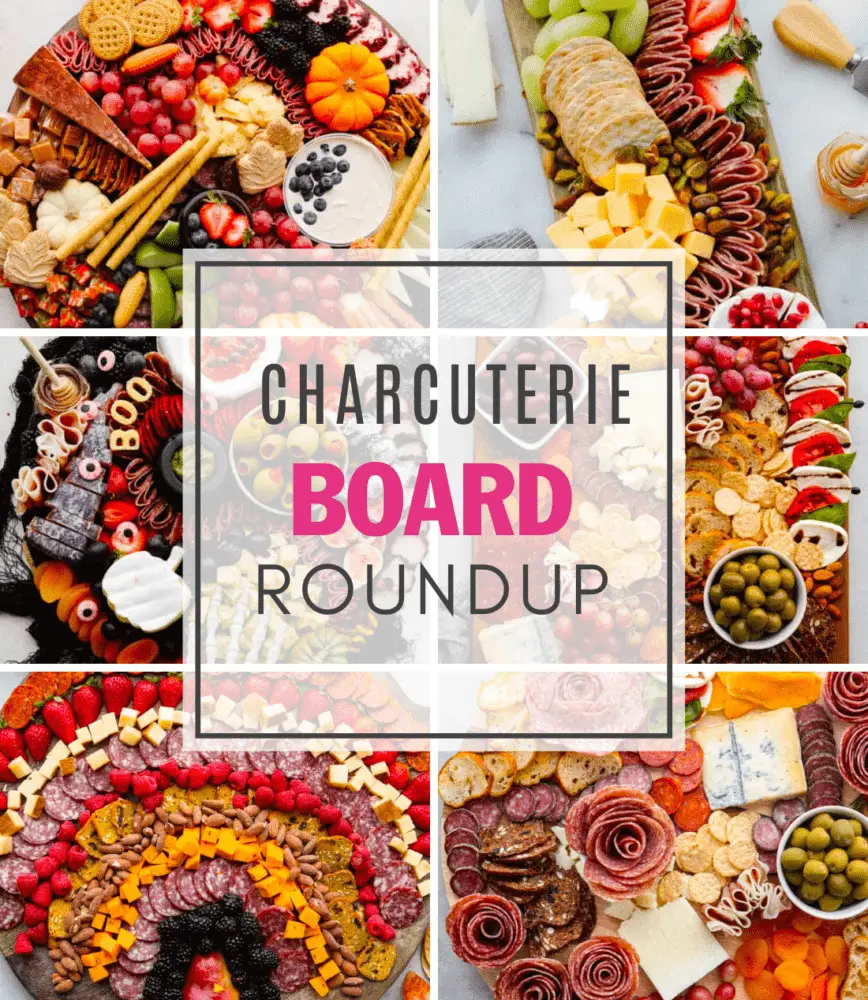 A collage of 6 pictures of charcuterie boards with the words - Charcuterie Board Roundup"Charcuterie Board Roundup" in the center. 