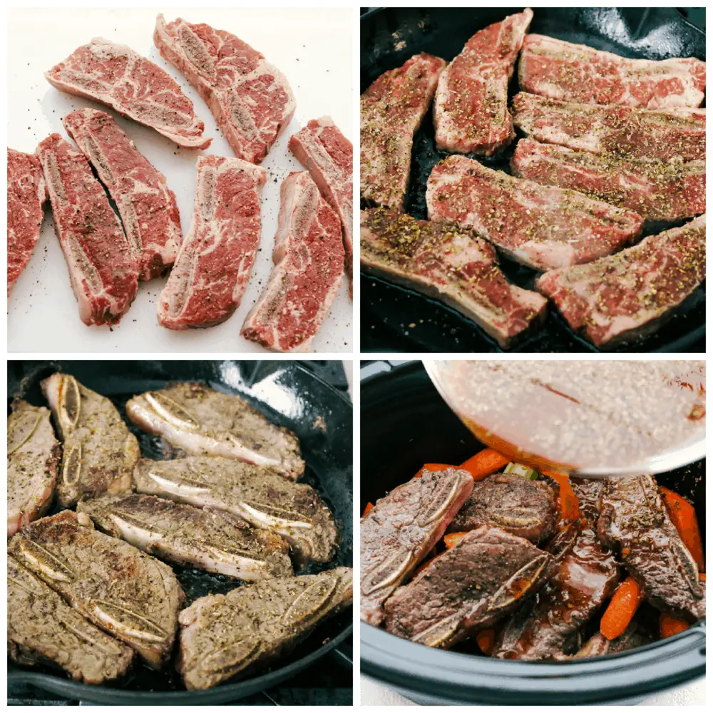 First photo is seasoning the ribs with salt and pepper. Second photo is searing the meat on one side. Third photo is searing the meat on the other side. Fourth photo is pouring the sauce over the meat in the crockpot. - Fall Off The Bone Slow Cooker Short Ribs