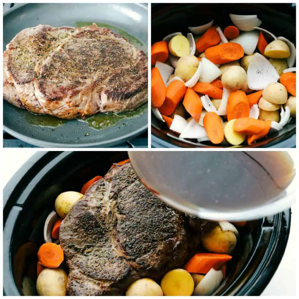 3-photo collage of roast and vegetables  being added to a slow cooker. - Melt In Your Mouth Pot Roast Recipe