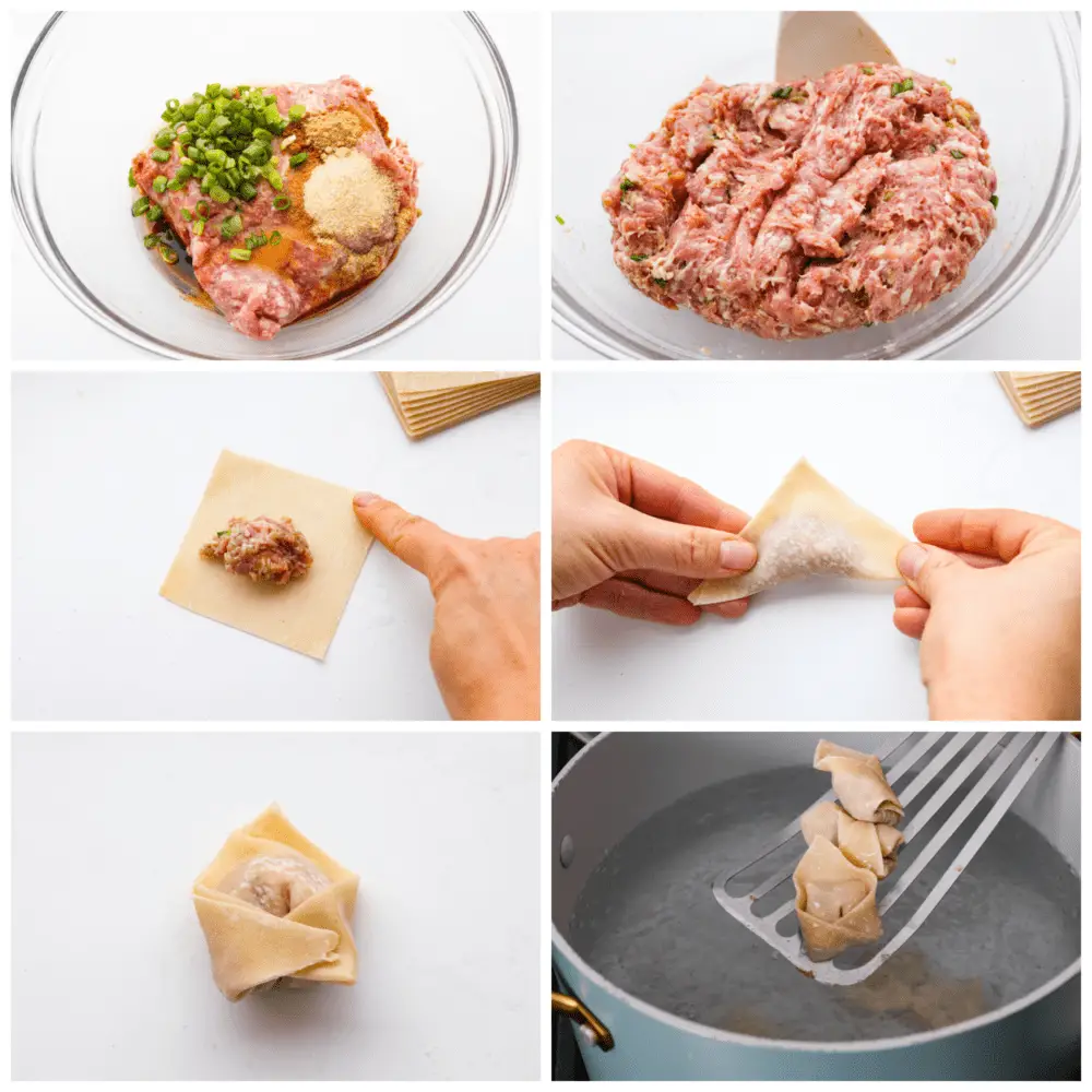 6-photo collage of pork mince being added to wonton wrappers and folded and sealed. - Pork Wontons