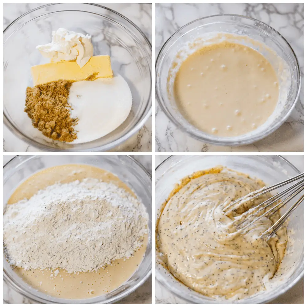 4-photo collage of batter being prepared. - Almond Poppy Seed Muffins