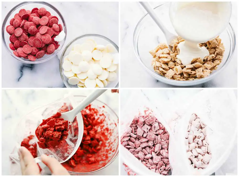 The process of making sweetheart valentines buddies with red and white colored melts, melted and poured over Chex mix then stirred together and covered in a powder sugar in a bag. - Sweetheart Valentine’s Buddies