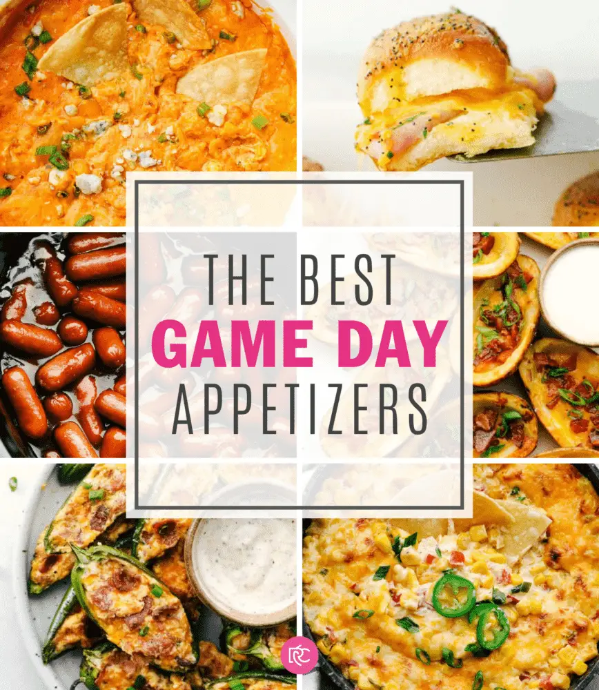 A collage of appetizers with - Game Day Appetizers Roundup"the best game day appetizers" written in the middle.
