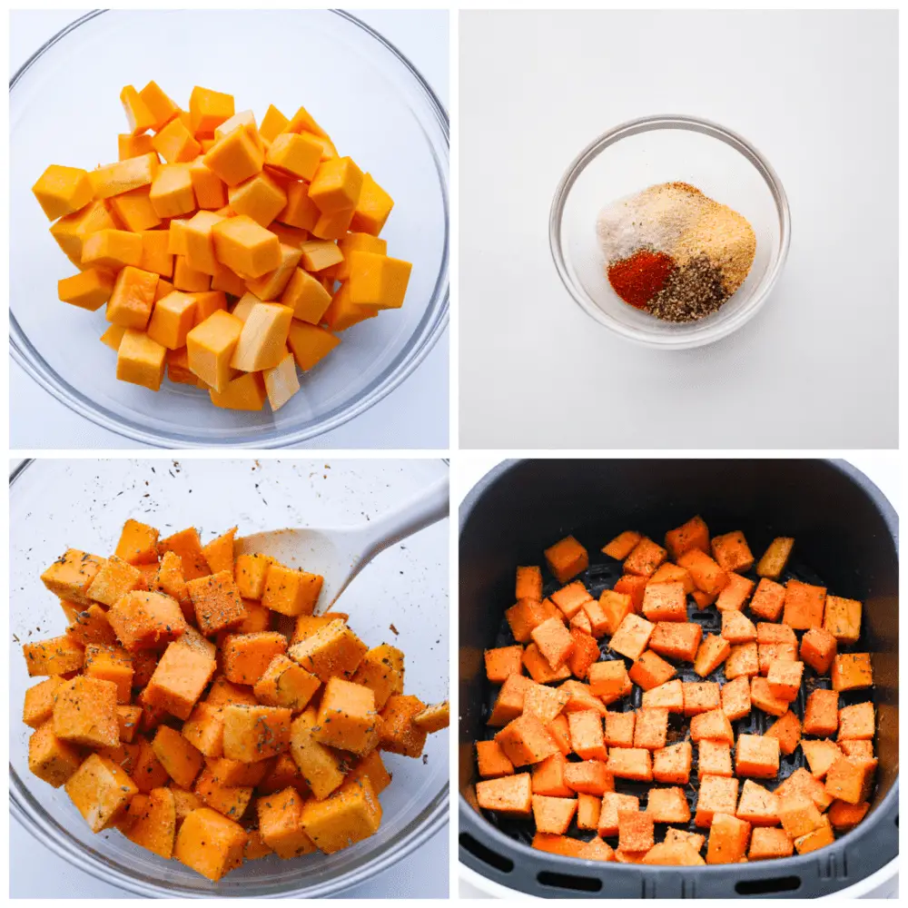 First photo of cubed squash in a large clear bowl. Second photo of spices in a small bowl. Third photo of squash mixed with spices. Fourth photo of seasoned squash layered in the air fryer. - Air Fryer Butternut Squash