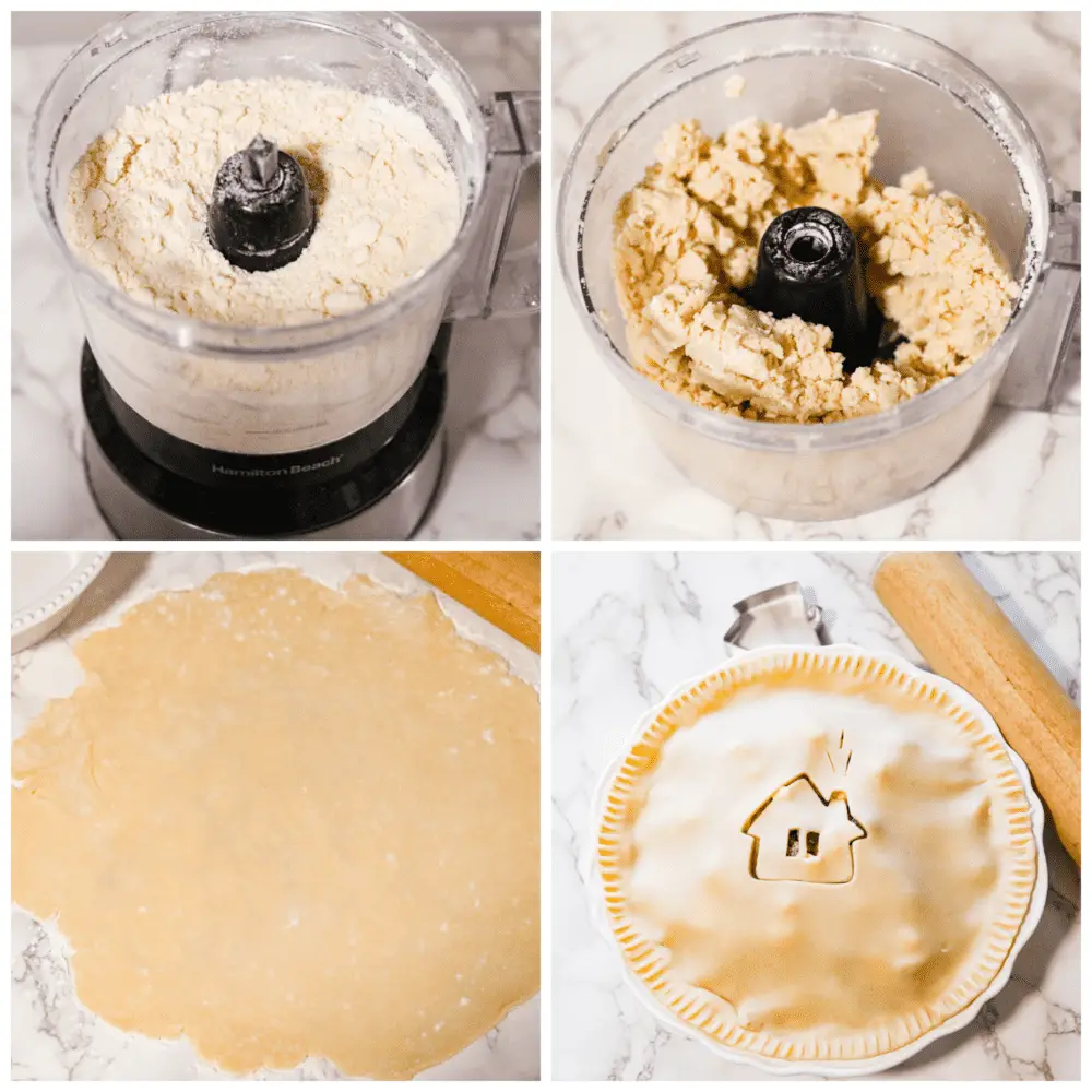 Process photos showing the ingredients being pulsed in a food processor, then rolled out and pressed into a pie pan with a double crust and the cut out of a house. - Butter Pie Crust