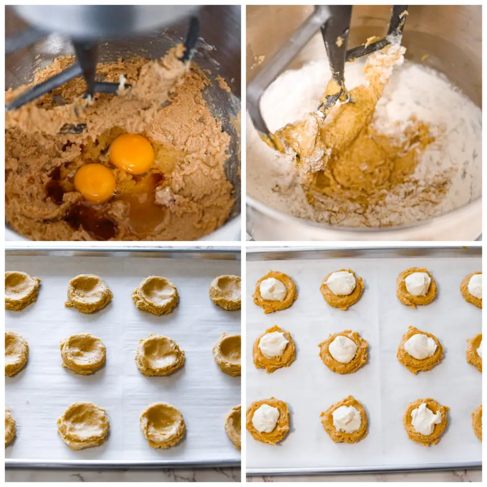 4 pictures showing the process of mixing the cookie dough in a mixer, adding them to a baking sheeting and topping them with a cream cheese mixture. - Cheesecake Cookies