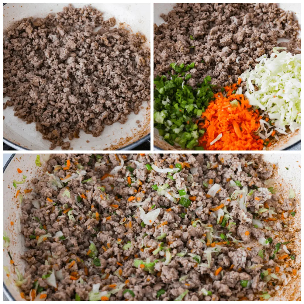 First photo of cooked ground pork in a pan. Second photo of onions, carrots, and cabbage added to the meat. Third photo of the meat mixture in a pan. - Lumpia