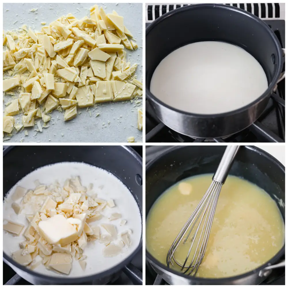 Process photos showing chopped white chocolate, half and half heating in a pan, then the chocolate and butter being added, and then the finished product in the pan with a whisk resting in it. - White Chocolate Sauce