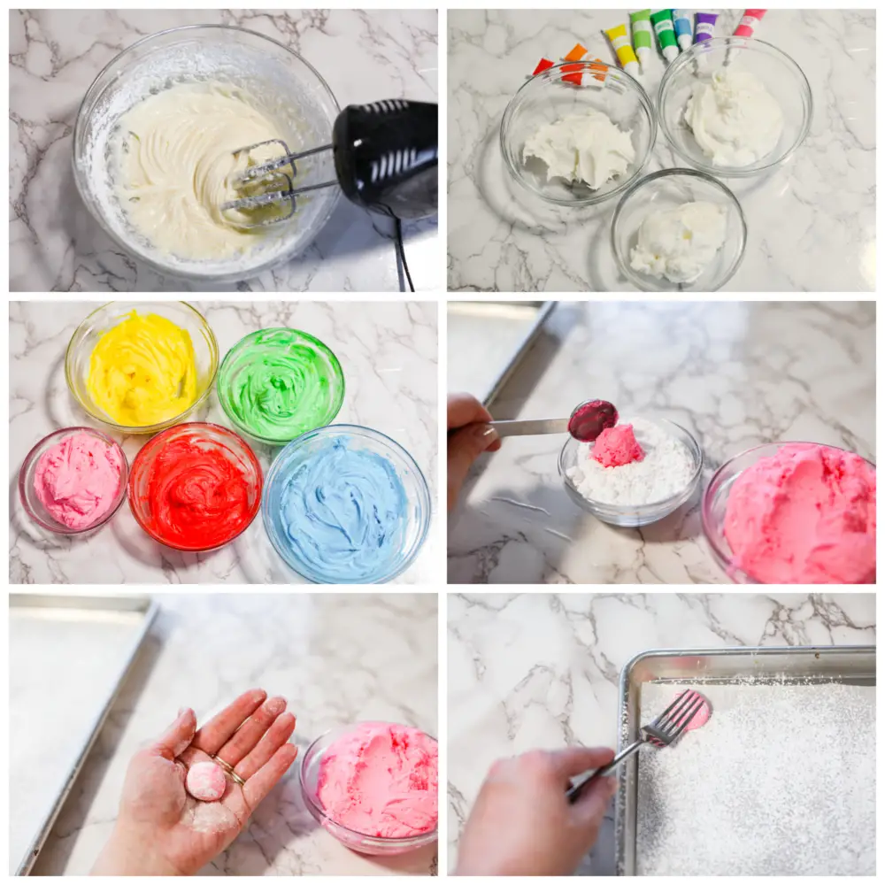 Process photos showing the batter being made in a glass bowl, then separated and colored, then dipped in powdered sugar and rolled, then pressed into shape. - Cream Cheese Mints
