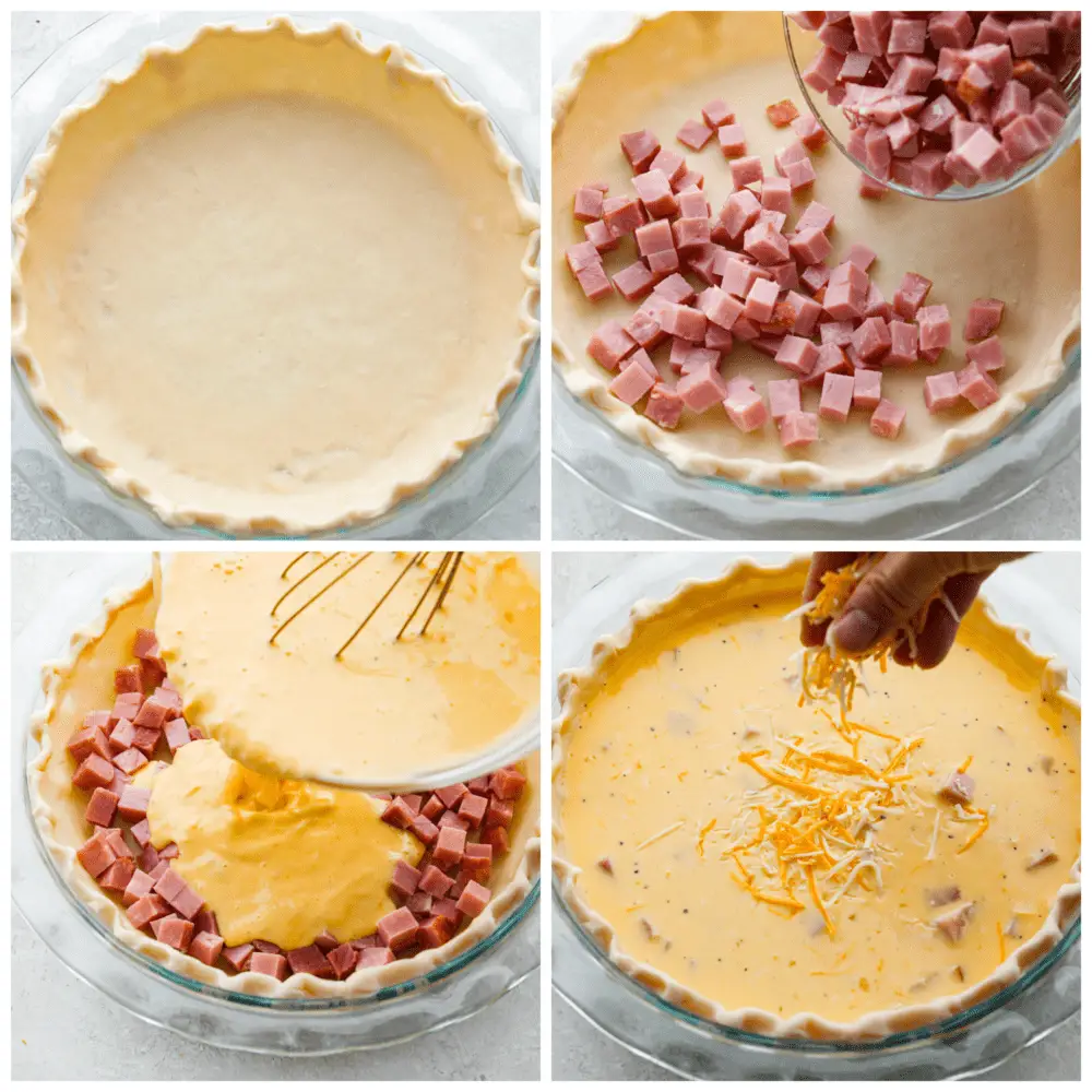 4 pictures showing how to put together a quiche before baking it. - Ham And Cheese Quiche