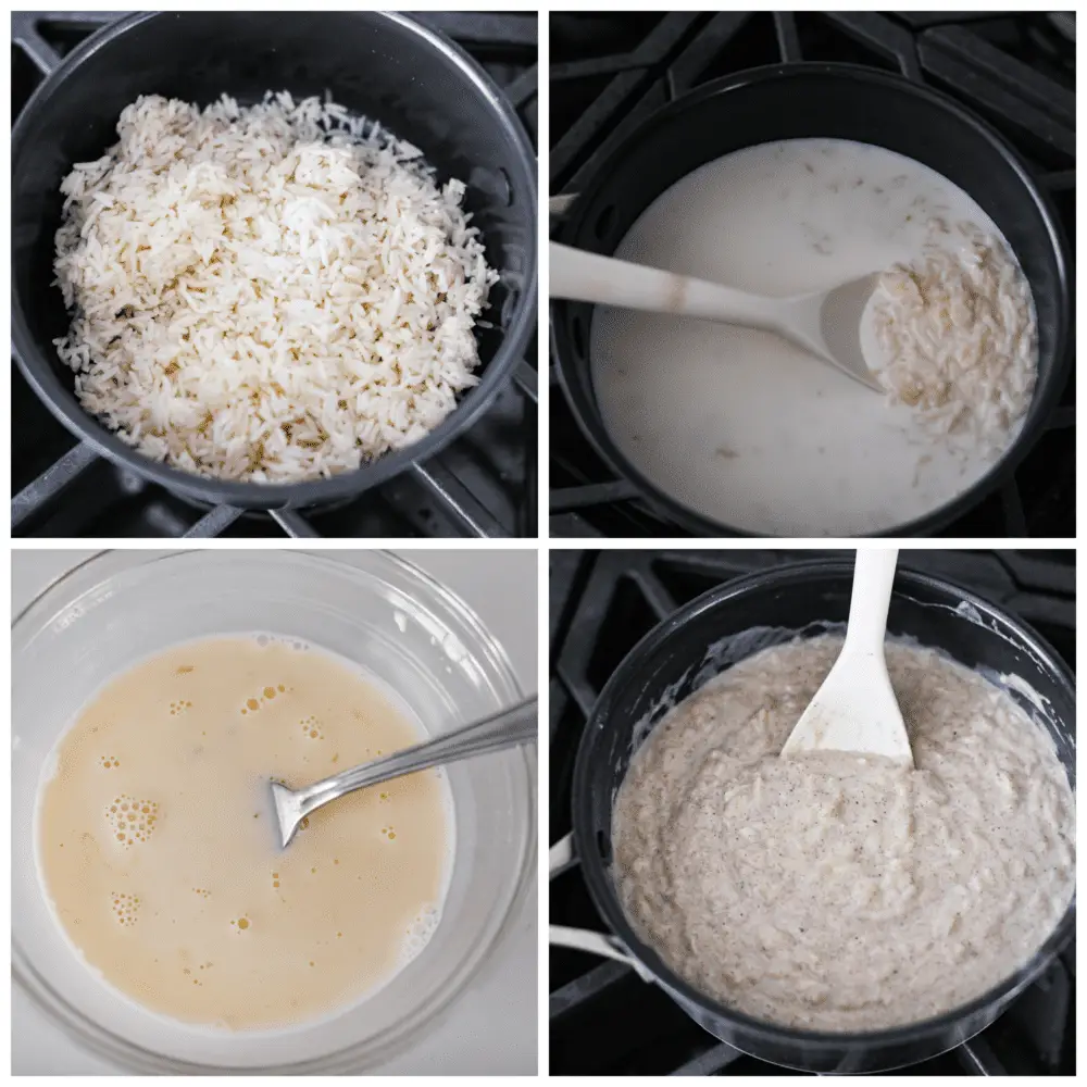 4-photo collage of pudding being prepared. - Rice Pudding