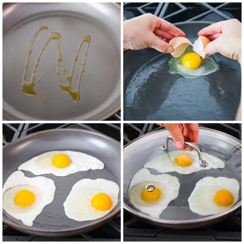 Process photos showing oil heating up in a pan, then eggs added, them cooked and being covered. - Sunny Side Up Eggs