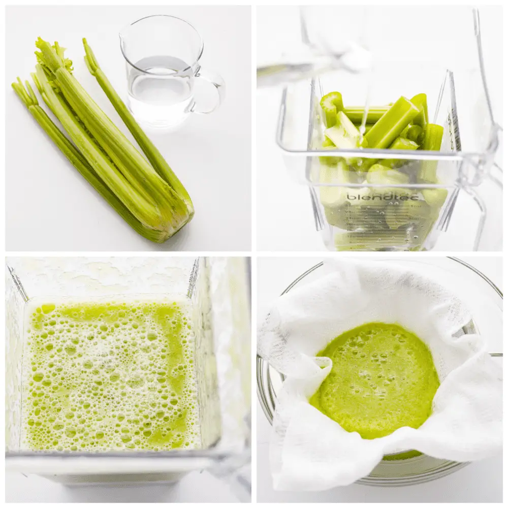 First photo of a stalk of celery and a container of water. Second photo of celery pieces and water added to a blender. Third photo of blended celery and water. Fourth photo of the juice being strained in cheese cloth. - Celery Juice