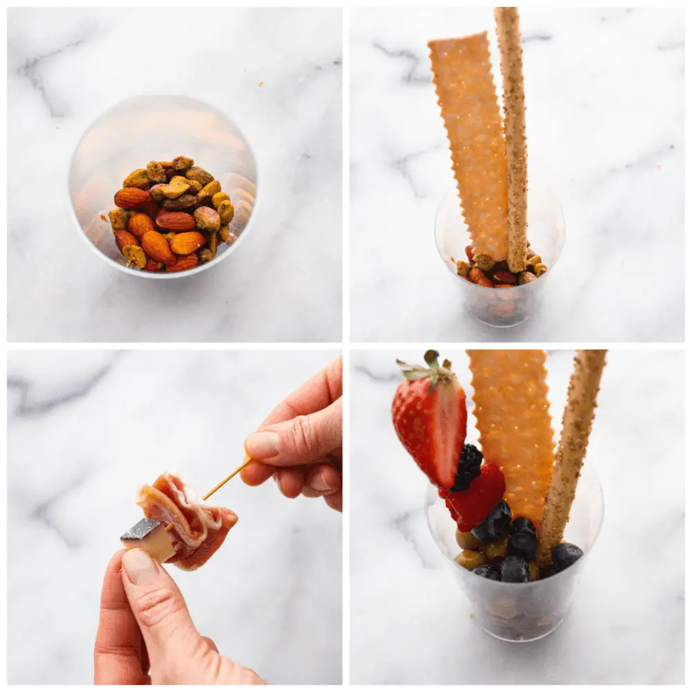 4-photo collage of pistachios and almonds being added to plastic cups and then fruit and meat skewers added in. - Charcuterie Cups