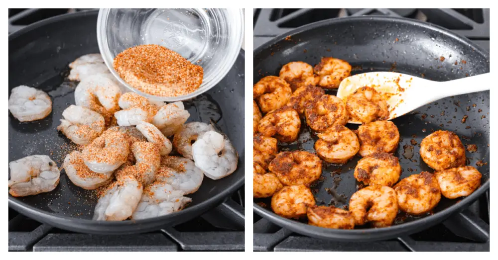 2-photo collage of shrimp being seasoned and cooked in a skillet. - Easy Shrimp Tacos