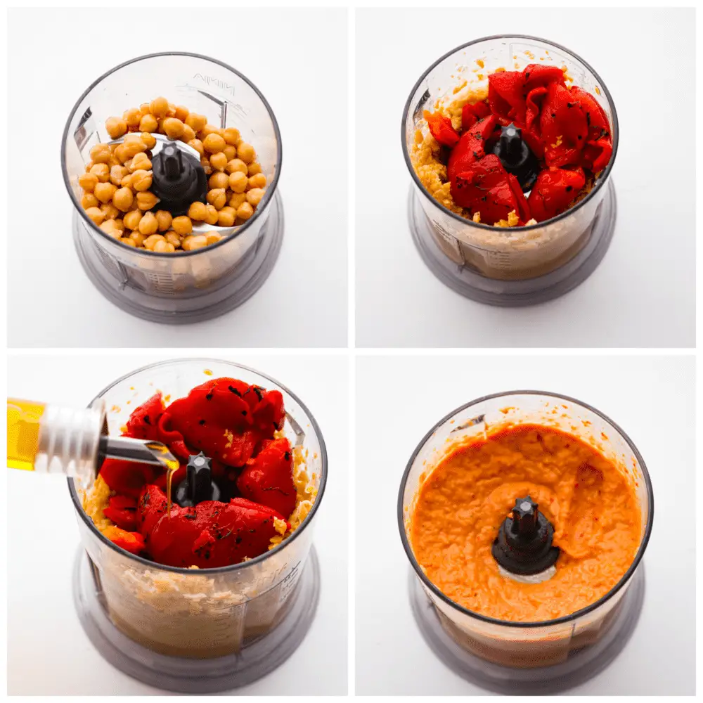 Process photos showing the ingredients being blended in a food processor. - Roasted Red Pepper Hummus