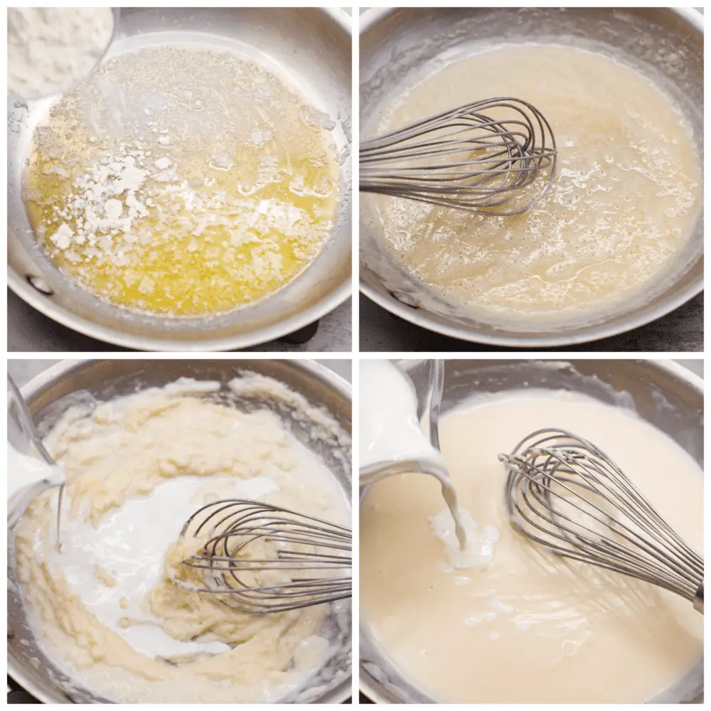 4-photo collage of sauce ingredients being mixed together in a saucepan. - Bechamel Sauce