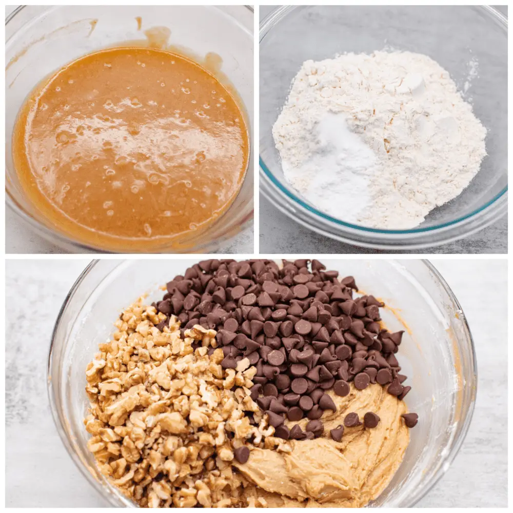 3-photo collage of cookie dough being mixed together. - Congo Bars