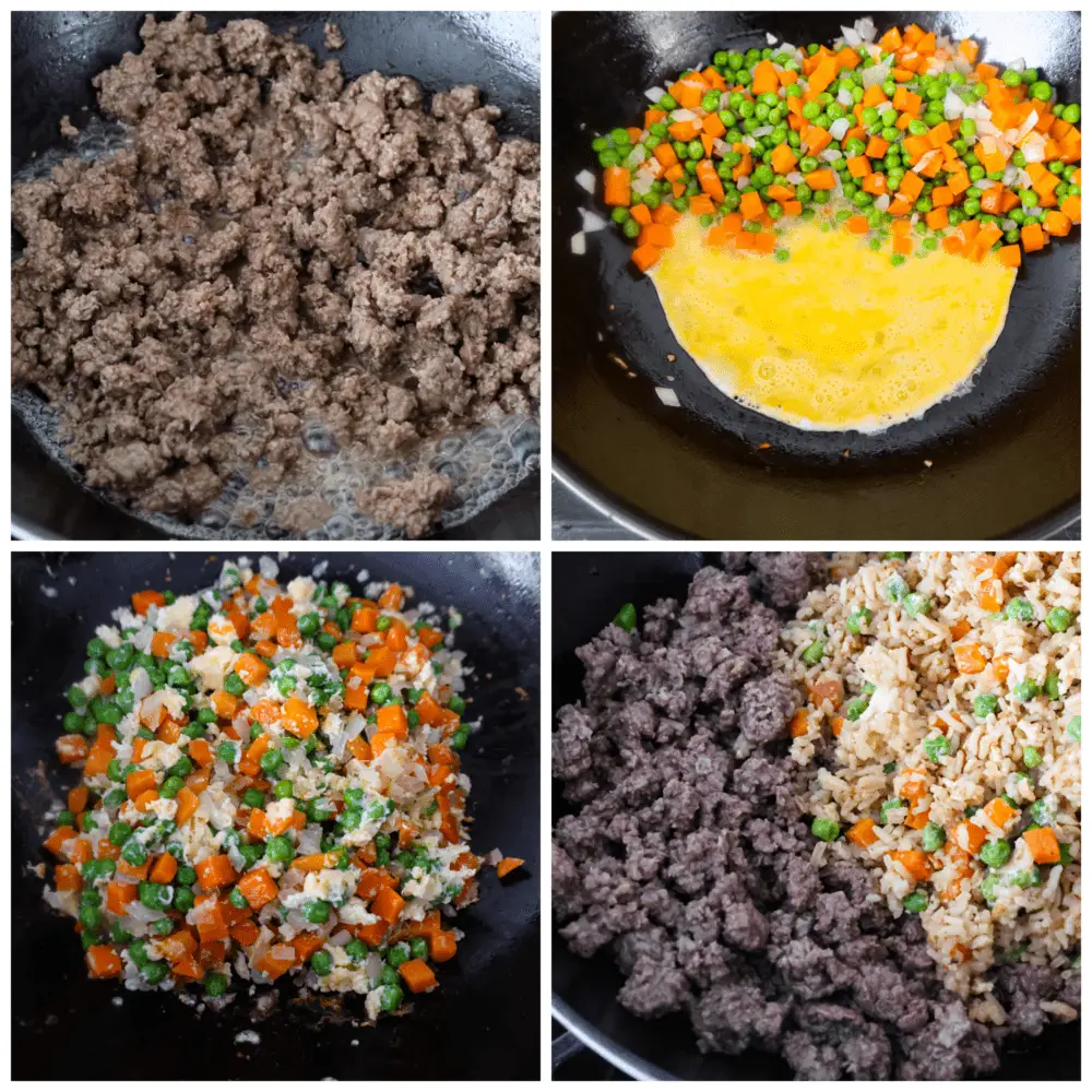 Process photos showing how to prepare the ingredients in the wok. - Beef Fried Rice
