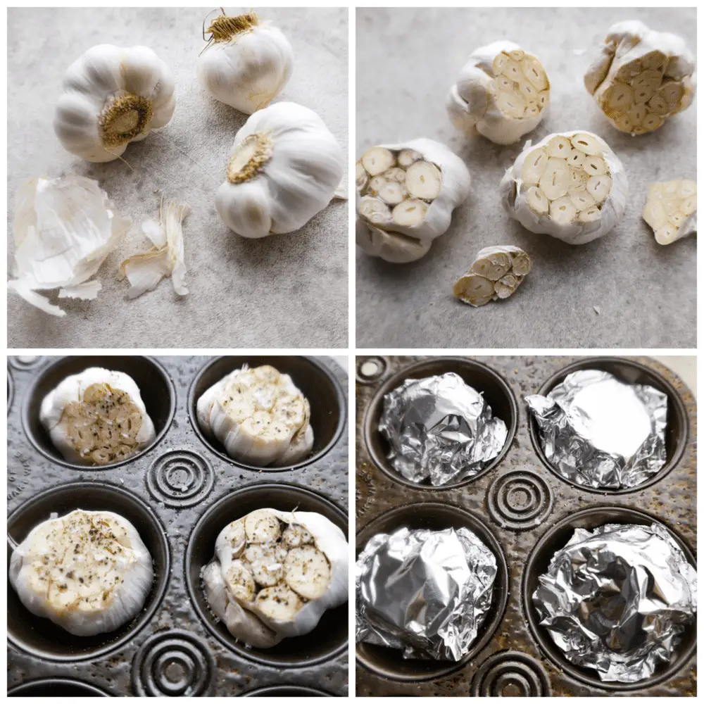 4-photo collage of garlic being prepared with olive oil and seasonings, then covered with aluminum foil. - Roasted Garlic