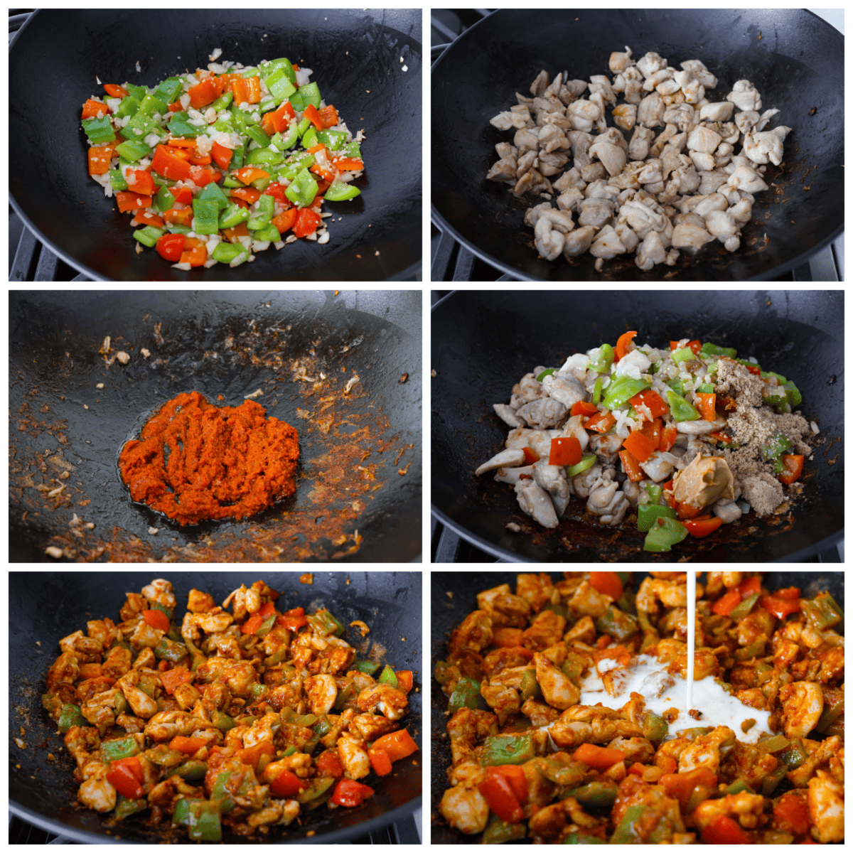 6 process photos in a collages showing how to add all of the ingredients to a large wok. - Panang Curry