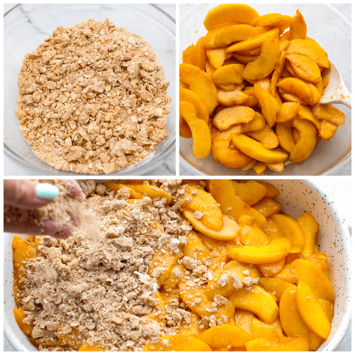 3 pictures showing how to combine the filling with the topping. - Peach Crisp